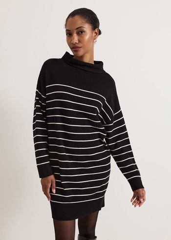 Phase Eight Skylar Stripe Funnel Neck Dress Black/White Australia | AJ3247659